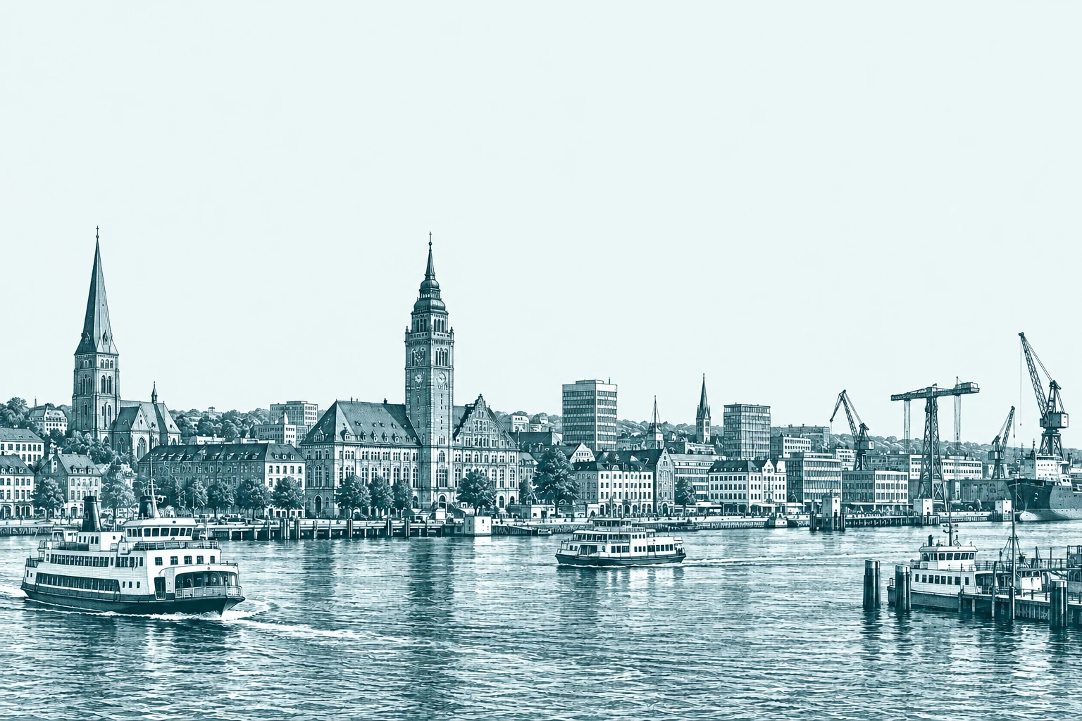 Illustration der Kieler Förde mit Rathaus, Nikolaikirche und Hafen.